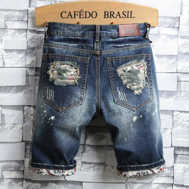 Pantalones cortos vaqueros rotos para hombre 2025, nueva moda de verano, estilo casual, corte ajustado (Slim Fit), diseño retro desgastado, shorts de mezclilla de marca para hombre.