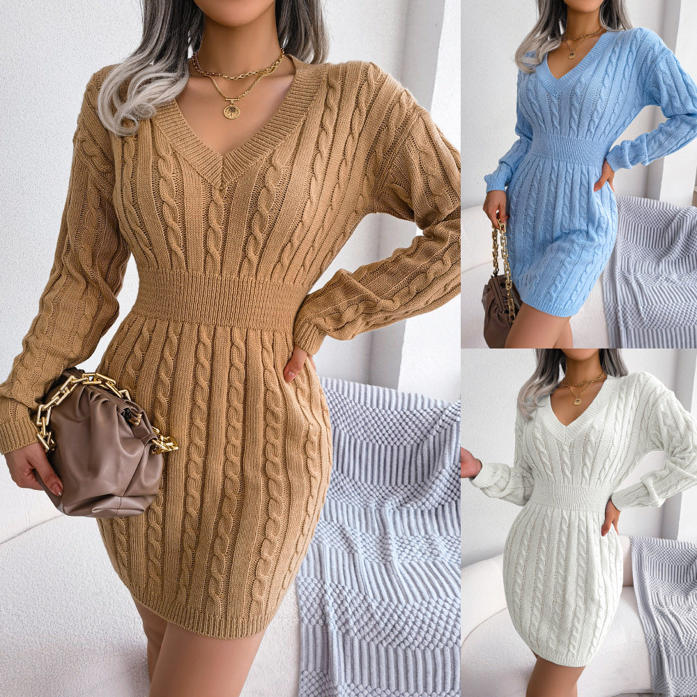 Vestido tipo suéter para mujer, estilo europeo y americano. Diseño moderno inspirado en el estilo Instagram (Ins Style), con detalle fruncido en la cintura que realza la cadera. Ideal para otoño e invierno. Fotografía real del producto.