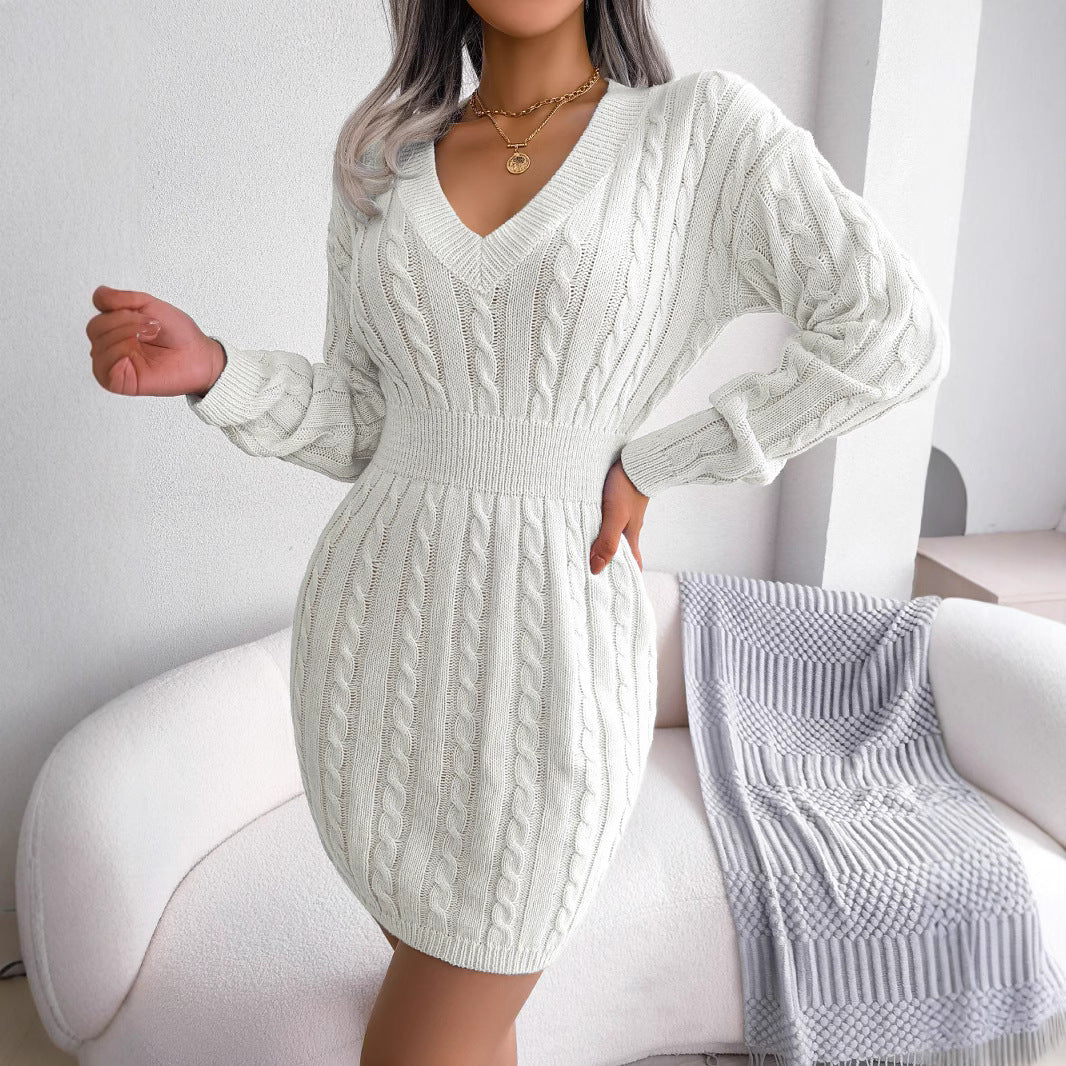 Vestido tipo suéter para mujer, estilo europeo y americano. Diseño moderno inspirado en el estilo Instagram (Ins Style), con detalle fruncido en la cintura que realza la cadera. Ideal para otoño e invierno. Fotografía real del producto.