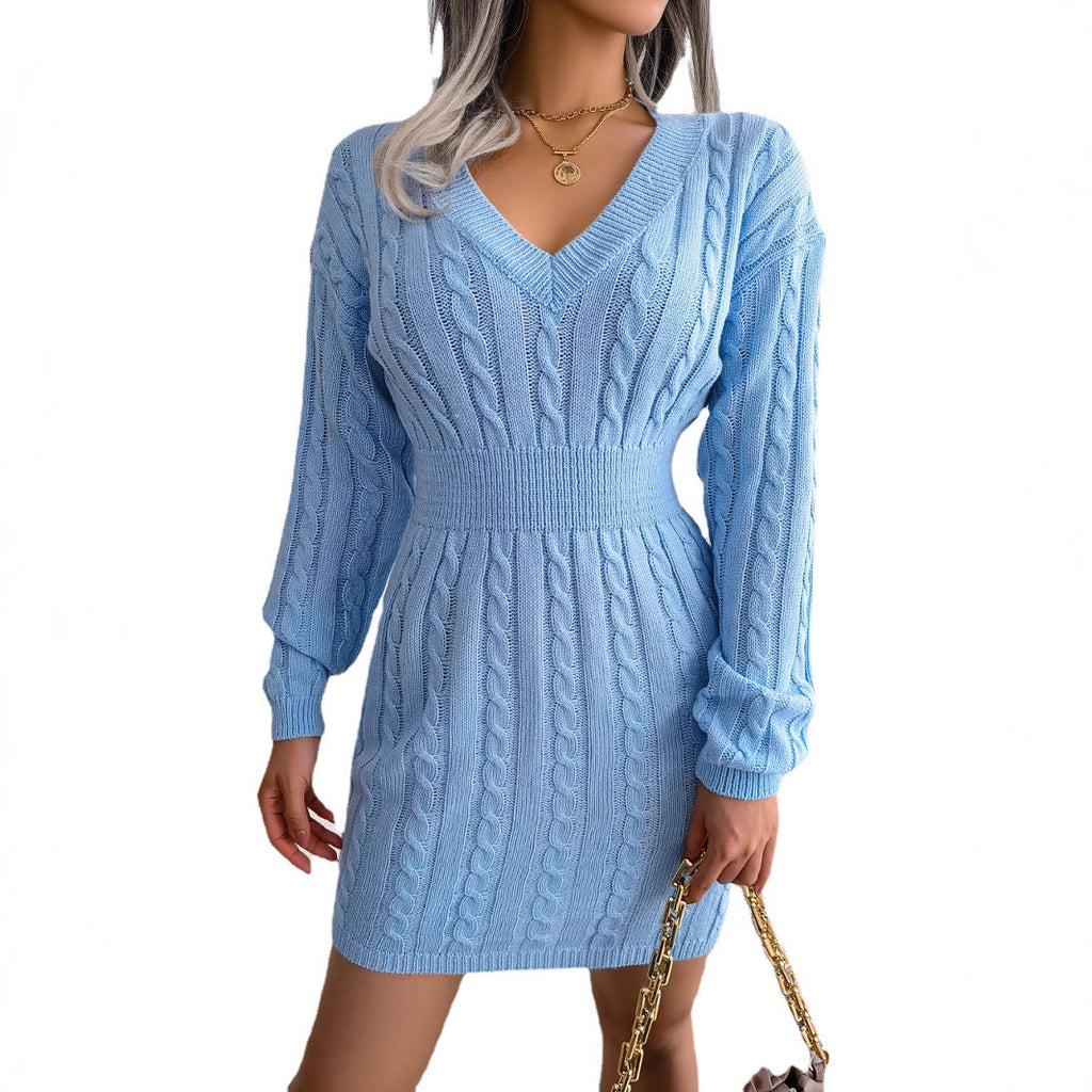 Vestido tipo suéter para mujer, estilo europeo y americano. Diseño moderno inspirado en el estilo Instagram (Ins Style), con detalle fruncido en la cintura que realza la cadera. Ideal para otoño e invierno. Fotografía real del producto.