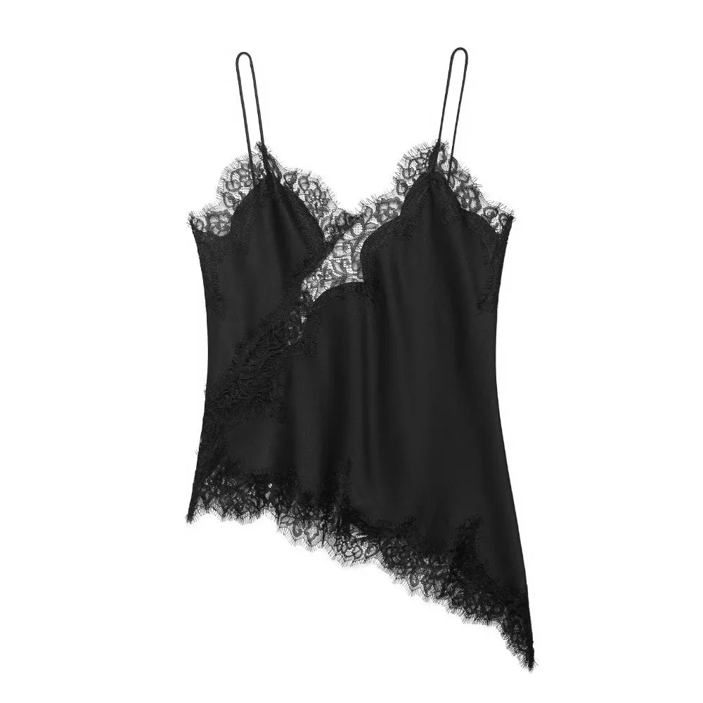 Top elegante de encaje para mujer con diseño asimétrico y patchwork. Sin mangas, con espalda descubierta y escote en V. Estilo sexy y ligero, ideal para el verano y looks frescos y sofisticados.