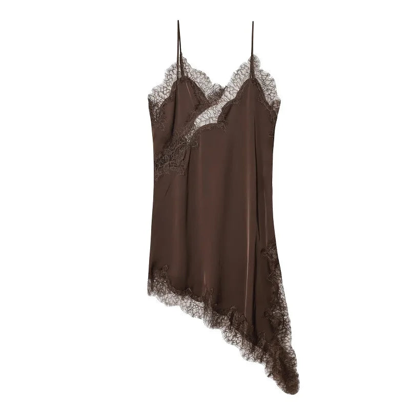 Vestido lencero de encaje para mujer 2025. Vestido corto negro con espalda descubierta y diseño asimétrico, ideal para fiestas. Con acabado satinado y estilo sexy, perfecto para el verano.