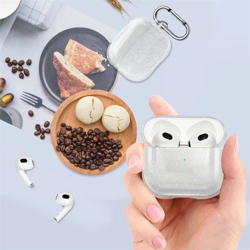 Funda de TPU suave con brillo y purpurina para auriculares, con llavero, compatible con AirPods Pro y AirPods de 1.ª, 2.ª, 3.ª y 4.ª generación (2024). Incluye accesorios de protección para el estuche.