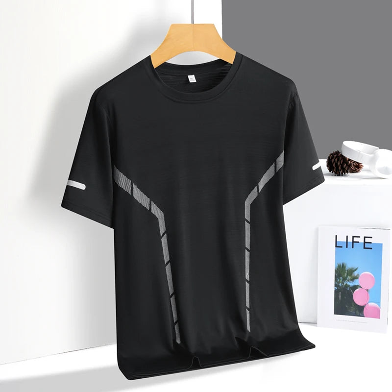 Camiseta deportiva para hombre de verano, tejido tipo seda fría ultraligera, estampado reflectante, secado rápido, manga corta, transpirable, ideal para fitness y deporte, talla hasta 5XL.