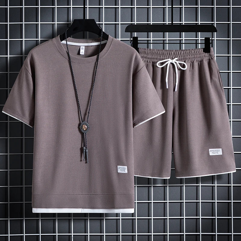 Conjunto de waffle para hombre de verano – conjunto casual de camiseta y pantalón corto, traje deportivo masculino, conjunto deportivo de color sólido, traje holgado, tallas disponibles.