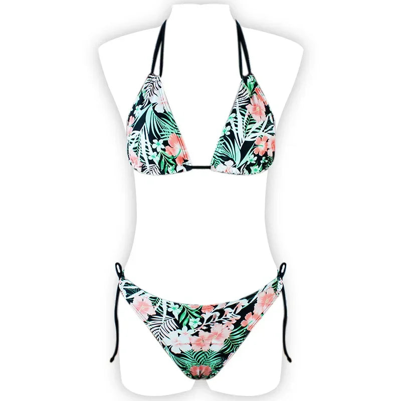 Leaves Print Swimsuit for Women,low Waist Drawstring Bikini,2-piece Swimwear,V-neck Susupender Backless Bathing Suit,beachwear