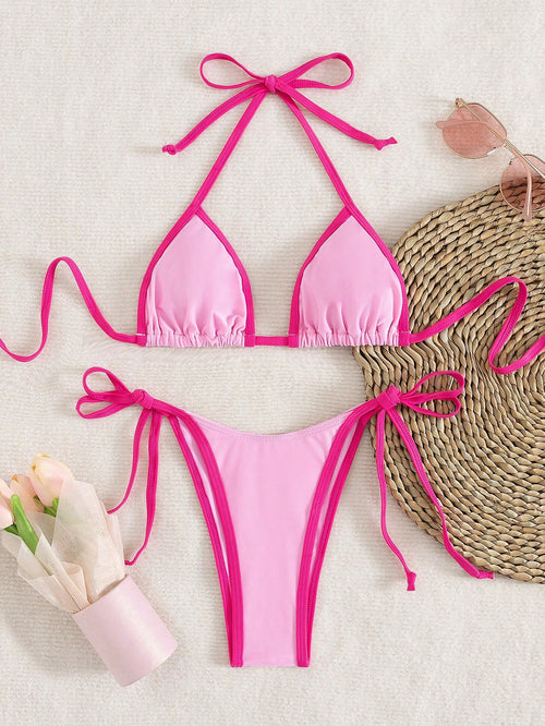 Bikini de dos piezas para mujer 2026 con diseño sexy de bloques de color. Conjunto de micro bikini con tanga mini, moderno y llamativo, ideal para la playa, la piscina, vacaciones y días de verano.