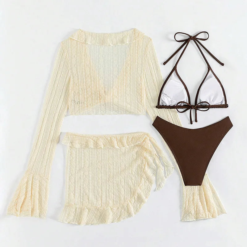 Bañador de cuatro piezas para mujer 2026, diseño sexy con bikini de color liso y cubrebaño de manga larga. Conjunto de estilo brasileño, ideal para la playa, la piscina, fiestas de verano y vacaciones.