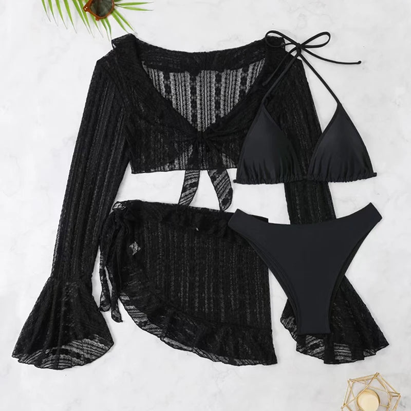 Bañador de cuatro piezas para mujer 2026, diseño sexy con bikini de color liso y cubrebaño de manga larga. Conjunto de estilo brasileño, ideal para la playa, la piscina, fiestas de verano y vacaciones.