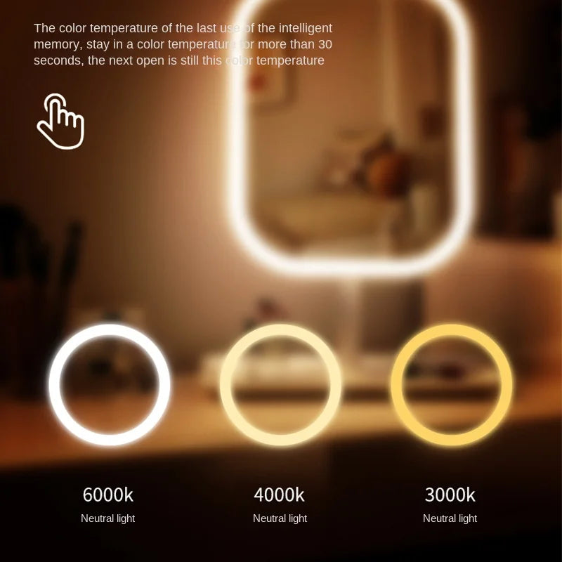 Espejo de tocador moderno de diseño exclusivo para escritorio, con luz LED de 3 colores, espejo de maquillaje táctil para mujer, ideal para dormitorio o tocador.