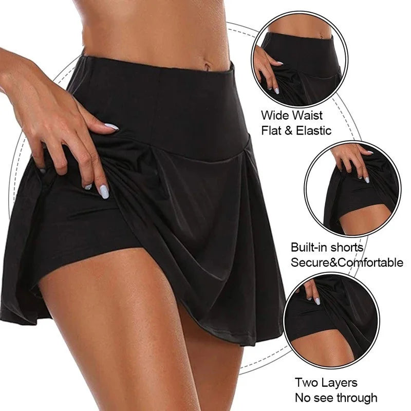 Minifalda de cintura alta con shorts integrados y tejido de secado rápido. Ideal para tenis, fitness, baile y actividades deportivas, combinando comodidad, estilo y libertad de movimiento.