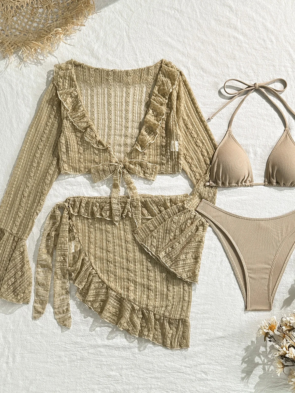 Conjunto de bikini de 4 piezas para mujer con cuello halter, pareo y cubrebaño de manga larga. Traje de baño elegante y moderno, ideal para la playa, la piscina, vacaciones y días de verano.