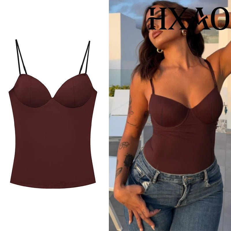 Top tipo corsé corto para mujer. Sin mangas, con tirantes y diseño ajustado tipo bodycon. Disponible en negro y marrón, con estilo bustier y espalda descubierta. Sexy, moderno y ideal para looks de verano o streetwear.