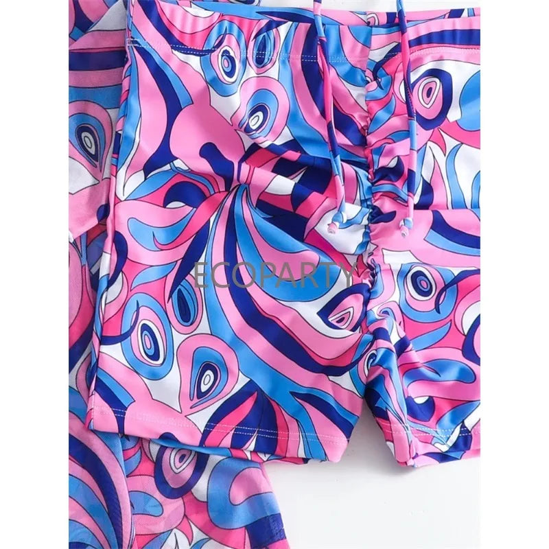Conjunto de bikini de 3 piezas para mujer con estampado moderno, cintura alta y cubrebaño de manga larga con cordón ajustable y abertura lateral. Un diseño elegante y cómodo, ideal para la playa, la piscina, vacaciones y días de verano.