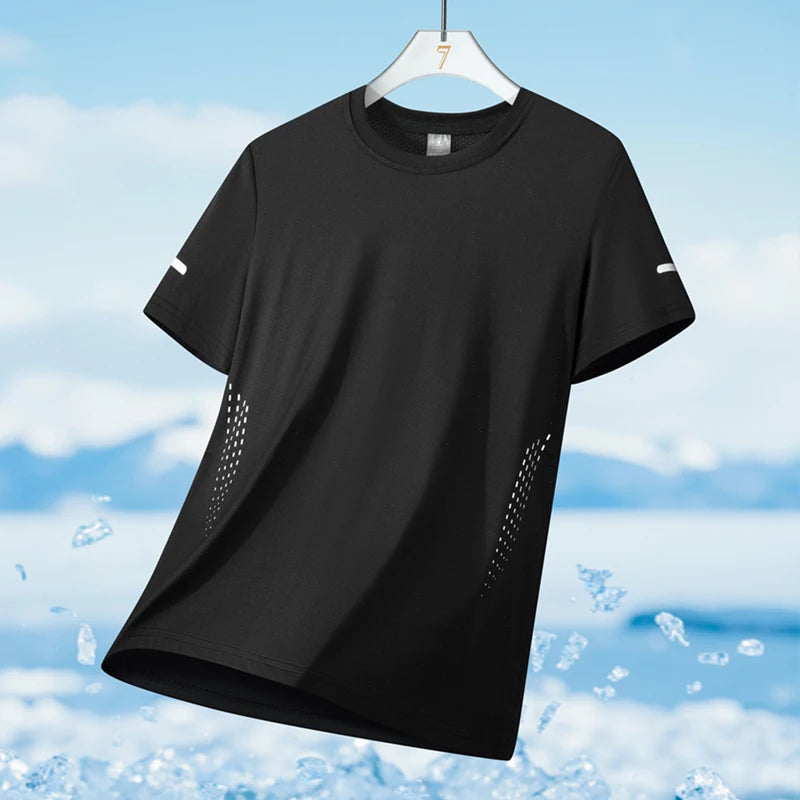 Camiseta deportiva para hombre de verano, tejido tipo seda fría ultraligera, estampado reflectante, secado rápido, manga corta, transpirable, ideal para fitness y deporte, talla hasta 5XL.