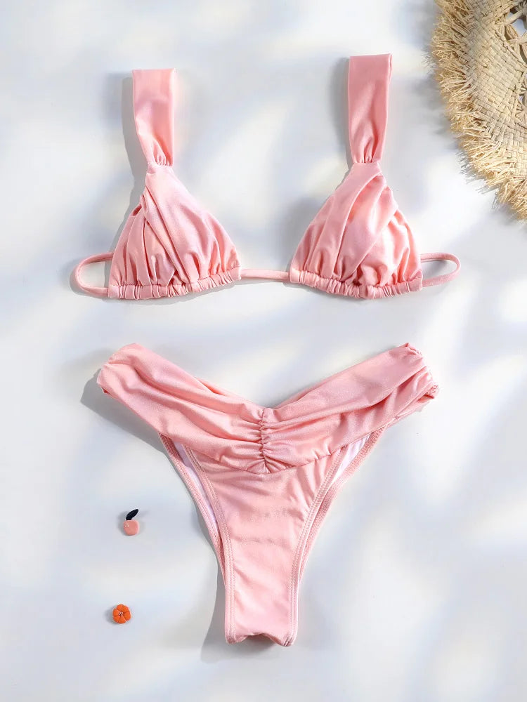Conjunto de bikini sexy para mujer con diseño de pliegues y color liso. Bikini de triángulo con estilo micro, moderno y favorecedor, ideal para la playa, la piscina, vacaciones y días de verano.