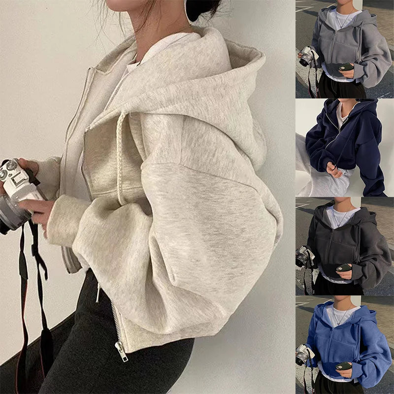 Nueva sudadera con capucha para mujer 2024 (primavera/otoño), forrada en polar, versátil, corta (cropped), de corte ajustado que estiliza la silueta, con cierre de cremallera, cálida y de color azul marino