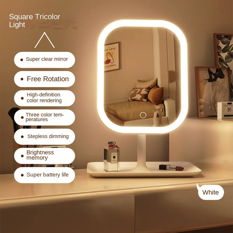 Espejo de tocador moderno de diseño exclusivo para escritorio, con luz LED de 3 colores, espejo de maquillaje táctil para mujer, ideal para dormitorio o tocador.