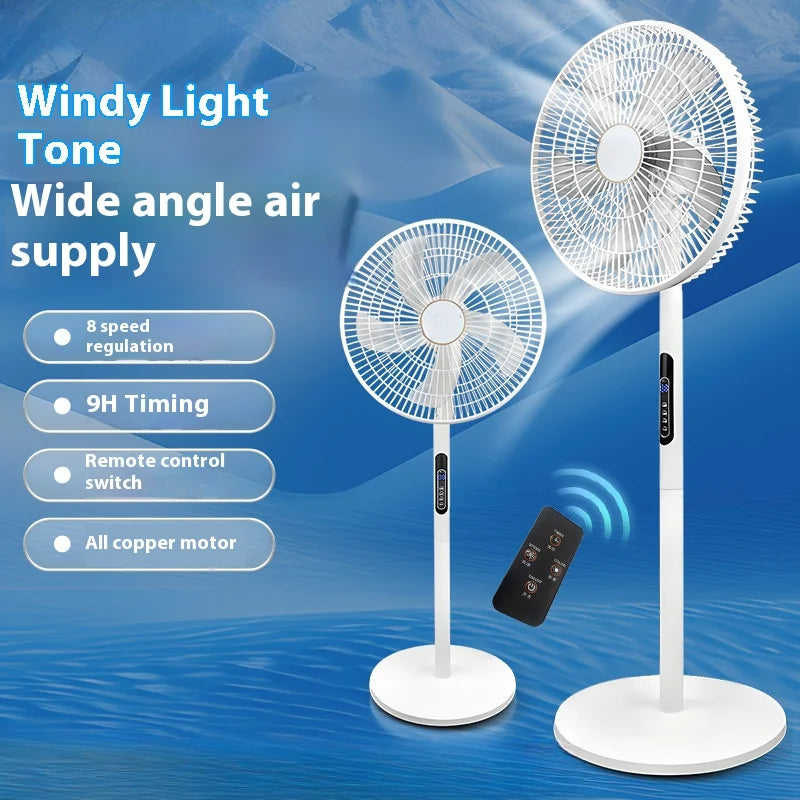 Ventilador eléctrico doméstico de cinco aspas, de pie, con gran volumen de aire y control remoto. Puede usarse tanto en el suelo como en otra posición, cuenta con función oscilante (gira la cabeza), funcionamiento suave y bajo nivel de ruido.