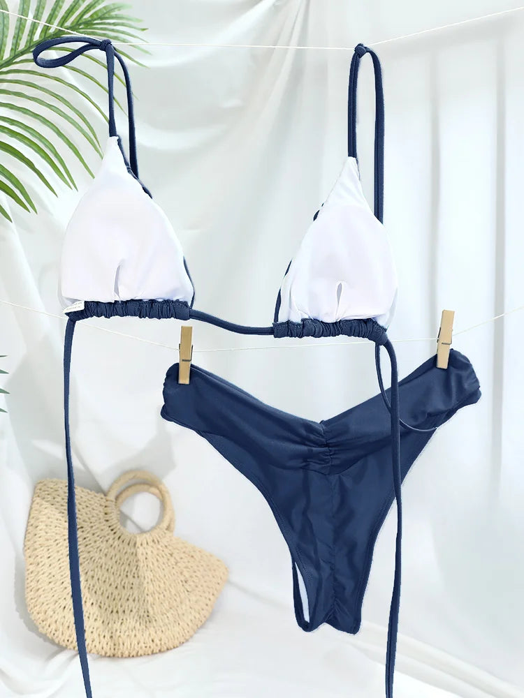 Conjunto de bikini sexy para mujer con diseño de pliegues y color liso. Bikini de triángulo con estilo micro, moderno y favorecedor, ideal para la playa, la piscina, vacaciones y días de verano.
