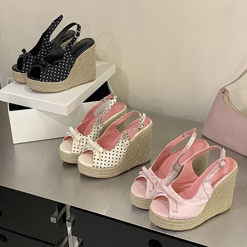 Sandalias Aneikeh de verano para mujer con plataforma y cuña de suela gruesa, acabado de estilo tejido, tacón alto, diseño casual de inspiración retro romana y detalle de lazo con lunares.