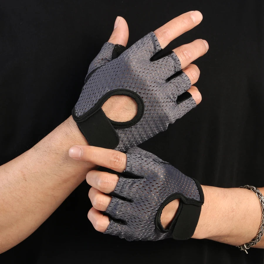 Guantes de medio dedo de verano de seda fría, transpirables, para gimnasio y fitness, para mujeres y hombres, con almohadilla antideslizante, guantes sin dedos para ciclismo y bicicleta.