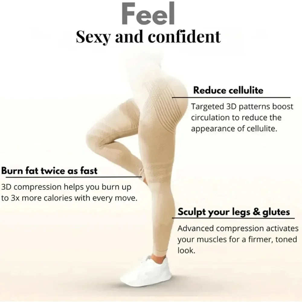 Leggings 3D anticelulitis para mujer con cintura alta, efecto levanta glúteos y control de abdomen. Diseñados para estilizar la figura y brindar comodidad, ideales para gimnasio, entrenamiento y yoga.