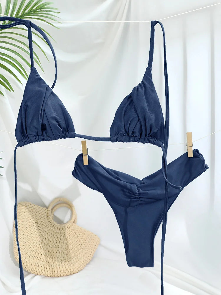 Conjunto de bikini sexy para mujer con diseño de pliegues y color liso. Bikini de triángulo con estilo micro, moderno y favorecedor, ideal para la playa, la piscina, vacaciones y días de verano.