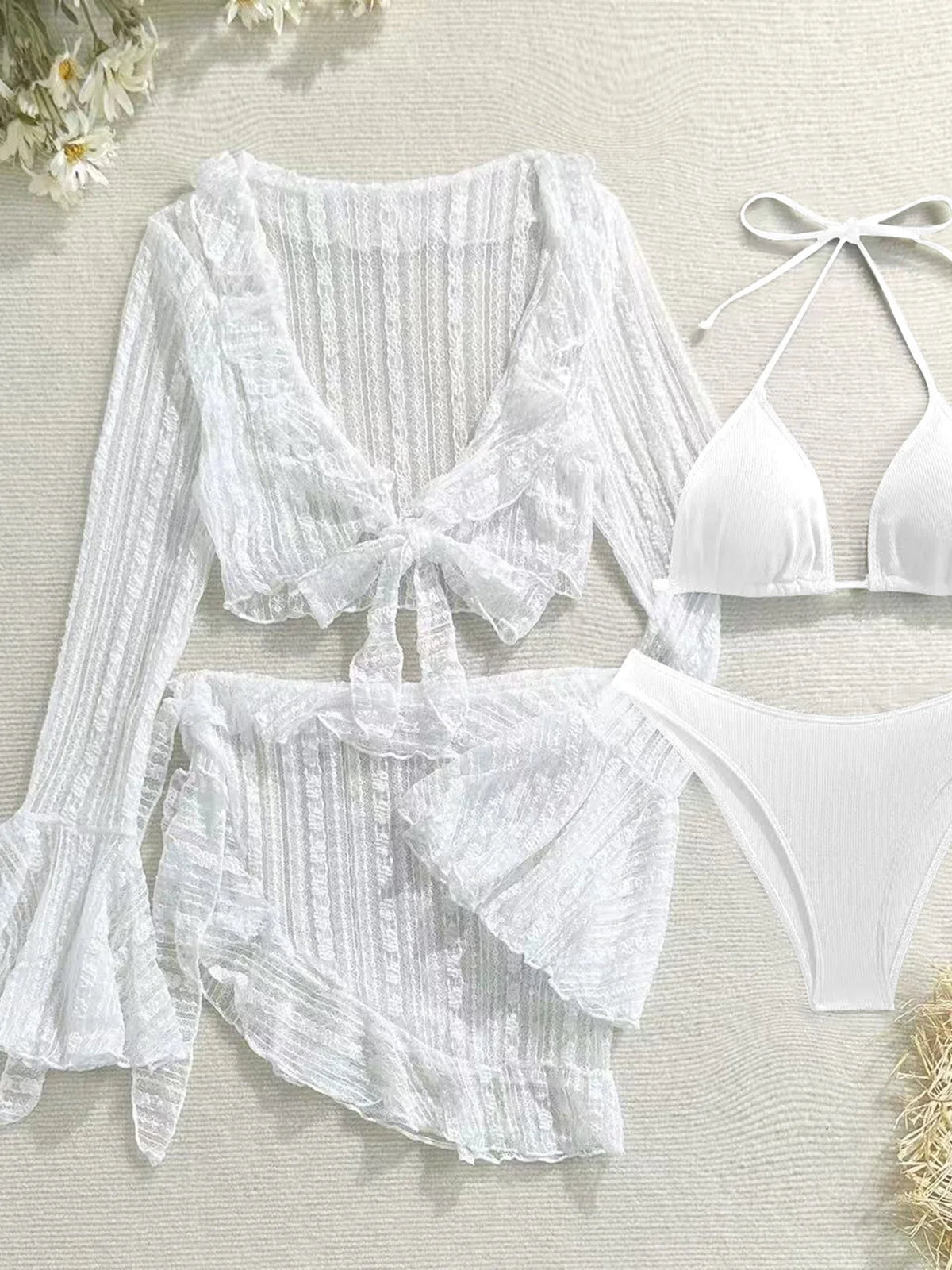 Conjunto de bikini de 4 piezas para mujer con cuello halter, pareo y cubrebaño de manga larga. Traje de baño elegante y moderno, ideal para la playa, la piscina, vacaciones y días de verano.