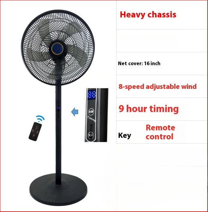 Ventilador eléctrico doméstico de cinco aspas, de pie, con gran volumen de aire y control remoto. Puede usarse tanto en el suelo como en otra posición, cuenta con función oscilante (gira la cabeza), funcionamiento suave y bajo nivel de ruido.