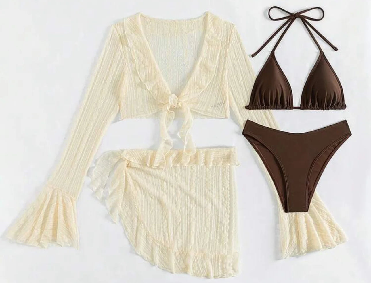 Bañador de cuatro piezas para mujer 2026, diseño sexy con bikini de color liso y cubrebaño de manga larga. Conjunto de estilo brasileño, ideal para la playa, la piscina, fiestas de verano y vacaciones.