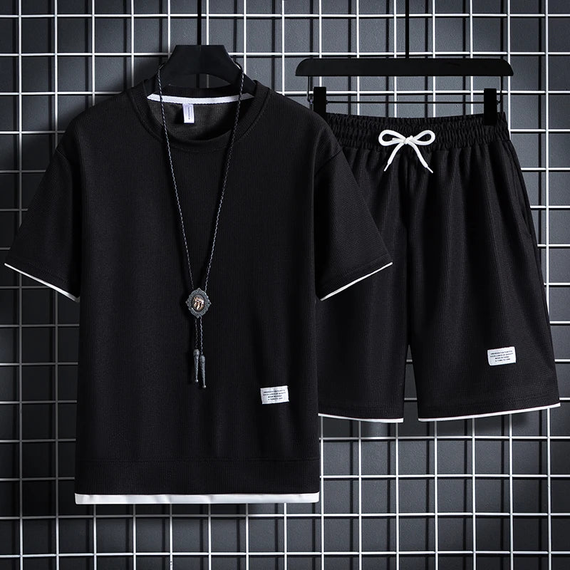 Conjunto de waffle para hombre de verano – conjunto casual de camiseta y pantalón corto, traje deportivo masculino, conjunto deportivo de color sólido, traje holgado, tallas disponibles.