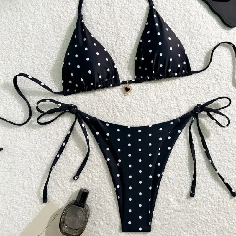 Conjunto de bikini sexy de 2 piezas para mujer con estampado de lunares en blanco y negro. Diseño de estilo americano, elegante y moderno, ideal para la playa, la piscina, vacaciones y días de verano.