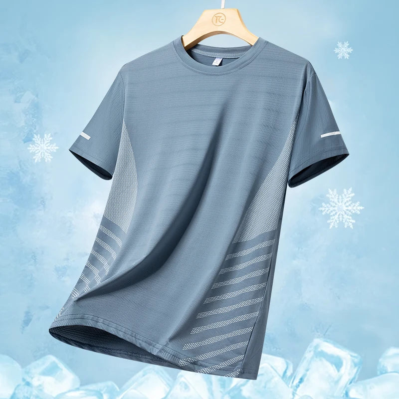 Camiseta deportiva para hombre de verano, tejido tipo seda fría ultraligera, estampado reflectante, secado rápido, manga corta, transpirable, ideal para fitness y deporte, talla hasta 5XL.