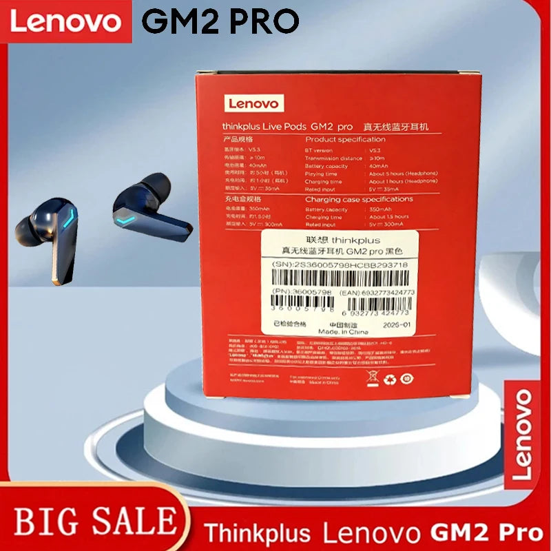 Auriculares inalámbricos Lenovo GM2 Pro con Bluetooth 5.3, modo dual para juegos y música, baja latencia, diseño deportivo intrauditivo, micrófono integrado y sonido de alta calidad. Ideales como regalo.