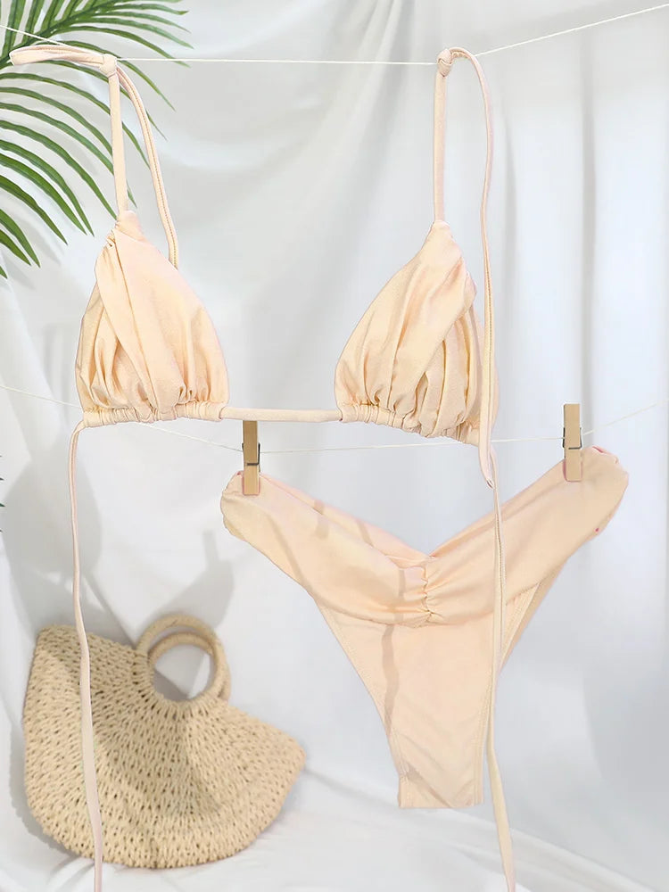 Conjunto de bikini sexy para mujer con diseño de pliegues y color liso. Bikini de triángulo con estilo micro, moderno y favorecedor, ideal para la playa, la piscina, vacaciones y días de verano.