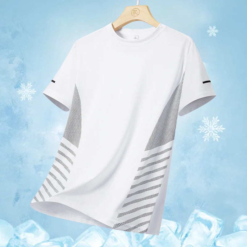 Camiseta deportiva para hombre de verano, tejido tipo seda fría ultraligera, estampado reflectante, secado rápido, manga corta, transpirable, ideal para fitness y deporte, talla hasta 5XL.