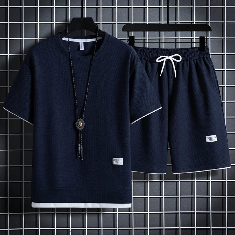 Conjunto de waffle para hombre de verano – conjunto casual de camiseta y pantalón corto, traje deportivo masculino, conjunto deportivo de color sólido, traje holgado, tallas disponibles.