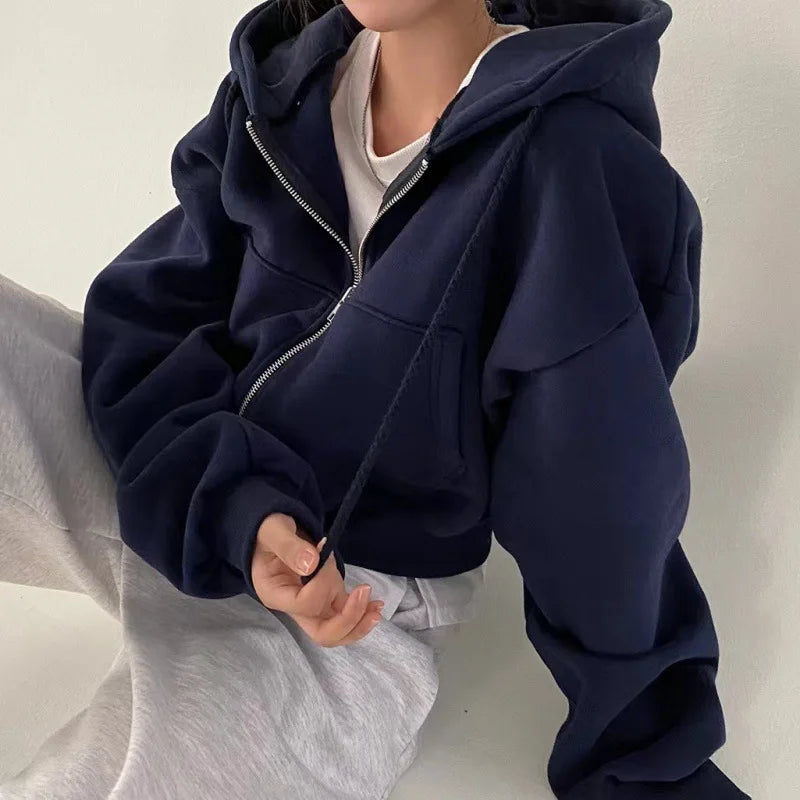 Nueva sudadera con capucha para mujer 2024 (primavera/otoño), forrada en polar, versátil, corta (cropped), de corte ajustado que estiliza la silueta, con cierre de cremallera, cálida y de color azul marino