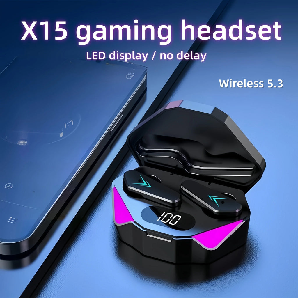Auriculares inalámbricos Bluetooth TWS X15 con pantalla LED, micrófono integrado, diseño para videojuegos, cancelación de ruido y sonido de alta calidad. Audífonos inalámbricos ideales para música, llamadas y gaming.