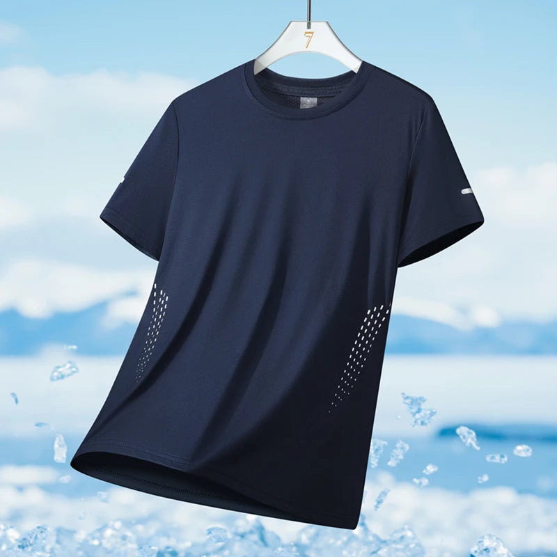 Camiseta deportiva para hombre de verano, tejido tipo seda fría ultraligera, estampado reflectante, secado rápido, manga corta, transpirable, ideal para fitness y deporte, talla hasta 5XL.