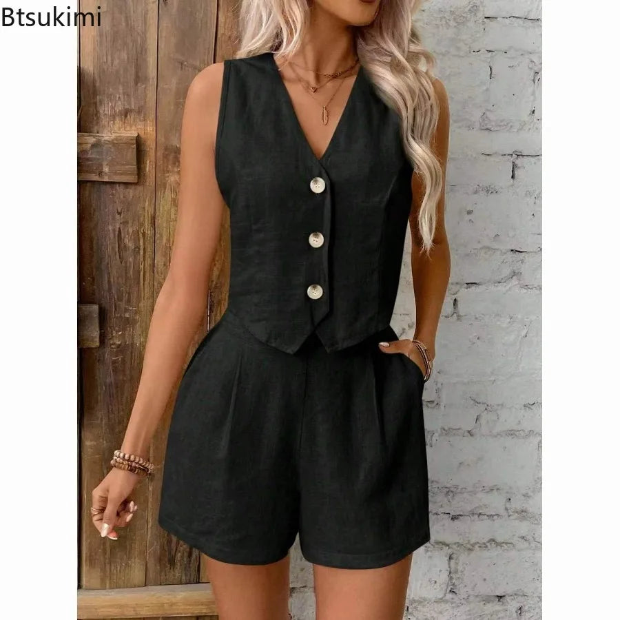Conjunto de dos piezas casual para mujer 2026, a la moda y sexy, con top tipo chaleco sin mangas de escote en V y pantalones cortos. Conjunto de verano para mujer confeccionado en algodón y lino.