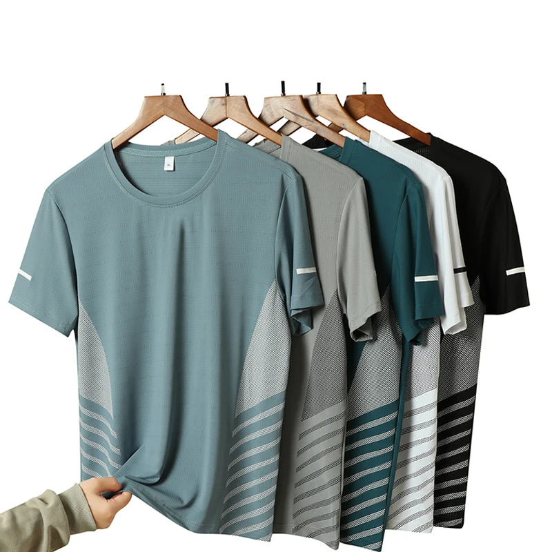 Camiseta deportiva para hombre de verano, tejido tipo seda fría ultraligera, estampado reflectante, secado rápido, manga corta, transpirable, ideal para fitness y deporte, talla hasta 5XL.