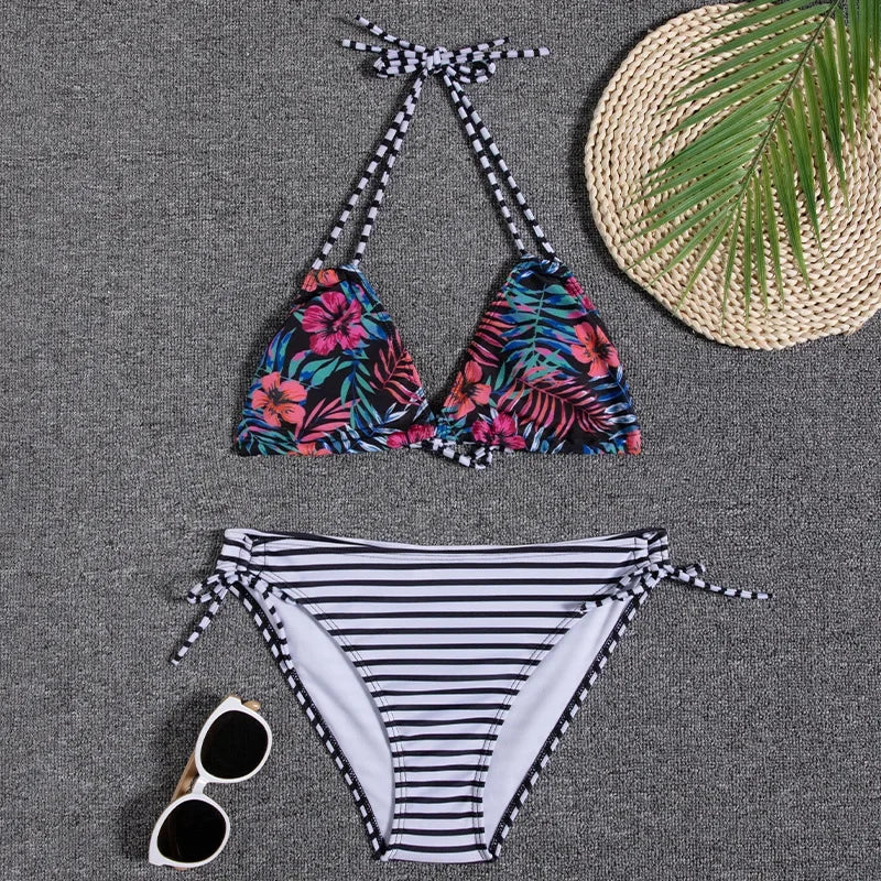 Leaves Print Swimsuit for Women,low Waist Drawstring Bikini,2-piece Swimwear,V-neck Susupender Backless Bathing Suit,beachwear