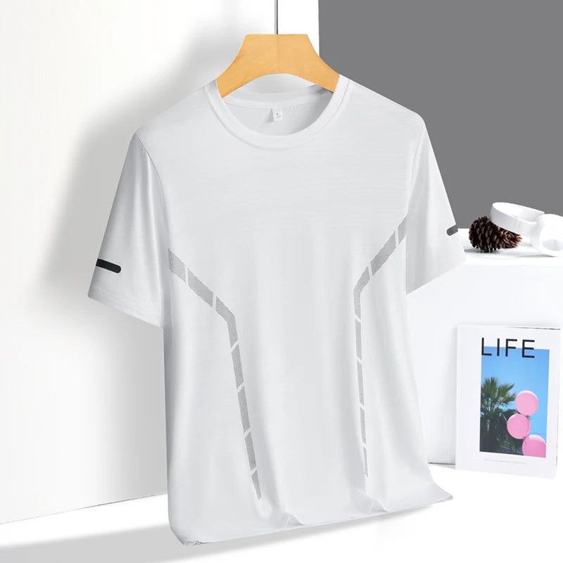 Camiseta deportiva para hombre de verano, tejido tipo seda fría ultraligera, estampado reflectante, secado rápido, manga corta, transpirable, ideal para fitness y deporte, talla hasta 5XL.