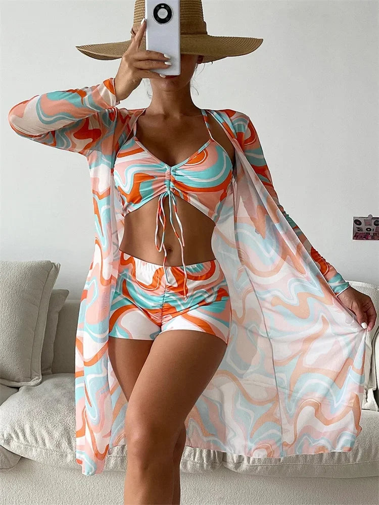 Conjunto de bikini de 3 piezas para mujer con estampado moderno, cintura alta y cubrebaño de manga larga con cordón ajustable y abertura lateral. Un diseño elegante y cómodo, ideal para la playa, la piscina, vacaciones y días de verano.