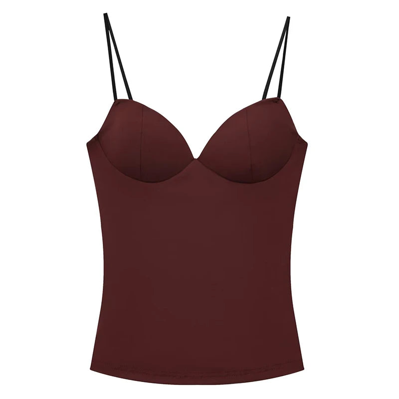 Top tipo corsé corto para mujer. Sin mangas, con tirantes y diseño ajustado tipo bodycon. Disponible en negro y marrón, con estilo bustier y espalda descubierta. Sexy, moderno y ideal para looks de verano o streetwear.