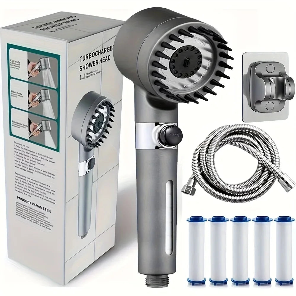 Nueva alcachofa de ducha iónica 2025 con cabezal de mano y filtro, turbocargador con múltiples modos de rociado y filtro integrado con interruptor de encendido/apagado.
