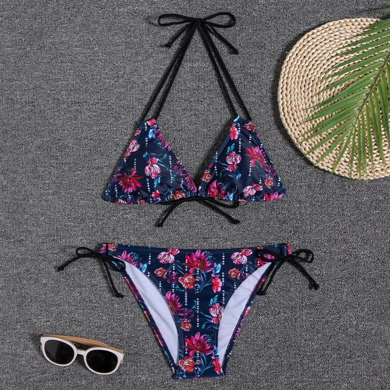 Leaves Print Swimsuit for Women,low Waist Drawstring Bikini,2-piece Swimwear,V-neck Susupender Backless Bathing Suit,beachwear