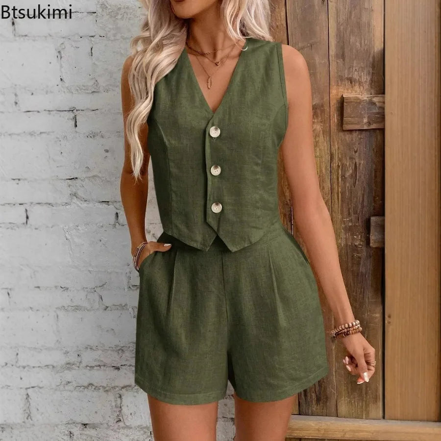 Conjunto de dos piezas casual para mujer 2026, a la moda y sexy, con top tipo chaleco sin mangas de escote en V y pantalones cortos. Conjunto de verano para mujer confeccionado en algodón y lino.